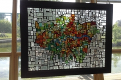 Only Happy Round the Edges - stained glass mosaic panel. Intallation view.