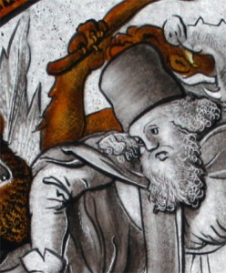 Detail of a replica 16th century painted glass roundel. Detail from a replica I made of a 1532 German roundel showing St Anthony Abbot's test of faith at the hands of a clutch of fantastical demons. The original is in the Metropolitan Museum of Art in New York.