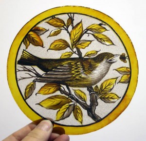 Painted bird roundel by Muna Zuberi